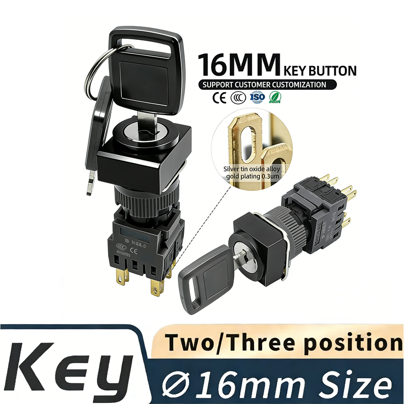 Small Keyed Switch 16mm Square Head DPDT 5A 250V Keyed Rotary Switch 2/3 Position Locking ...