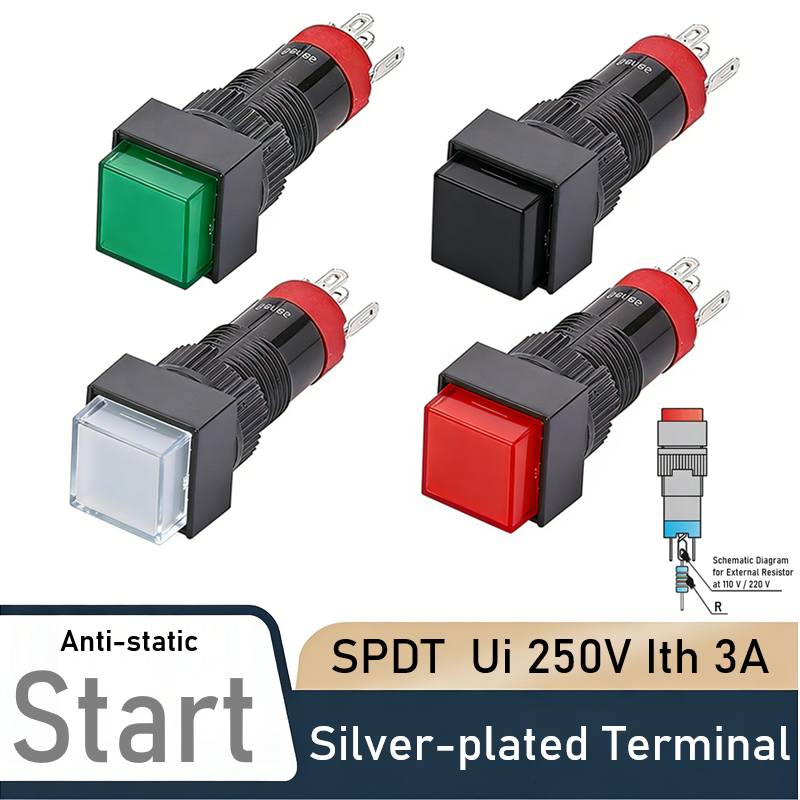 10mm SPDT IP40 3A 250V Illuminated Push Button Switch Square Plastic M ...