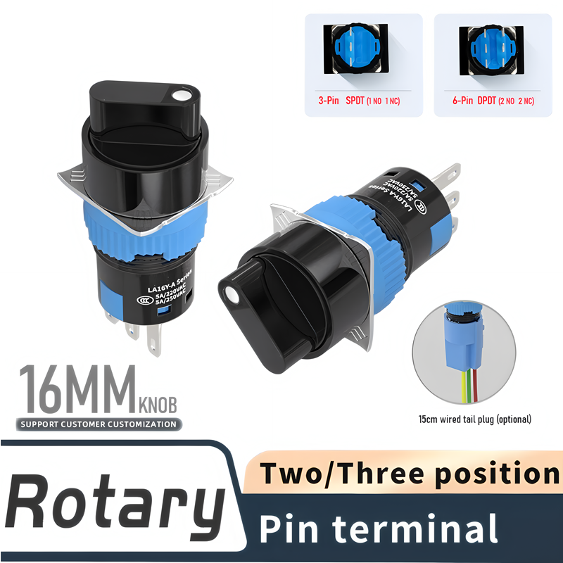 16mm Round Maintained Rotary Switch 2/3 Position NO NC Panel Mount ...