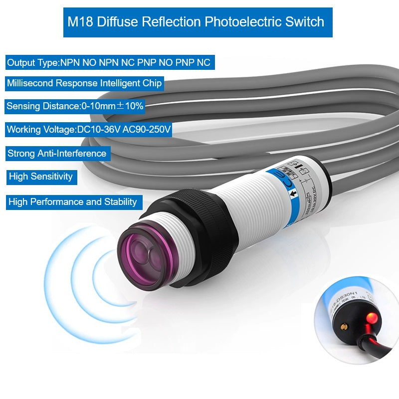 M18 Cylindrical Diffuse Reflective Sensor Photoelectric Switch DC Tri ...