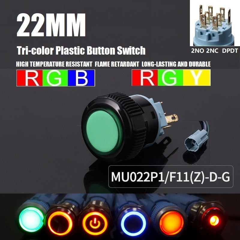 22mm Tri-color High Head+Round LED DPDT IP67 5A Black Plastic Anti-van ...