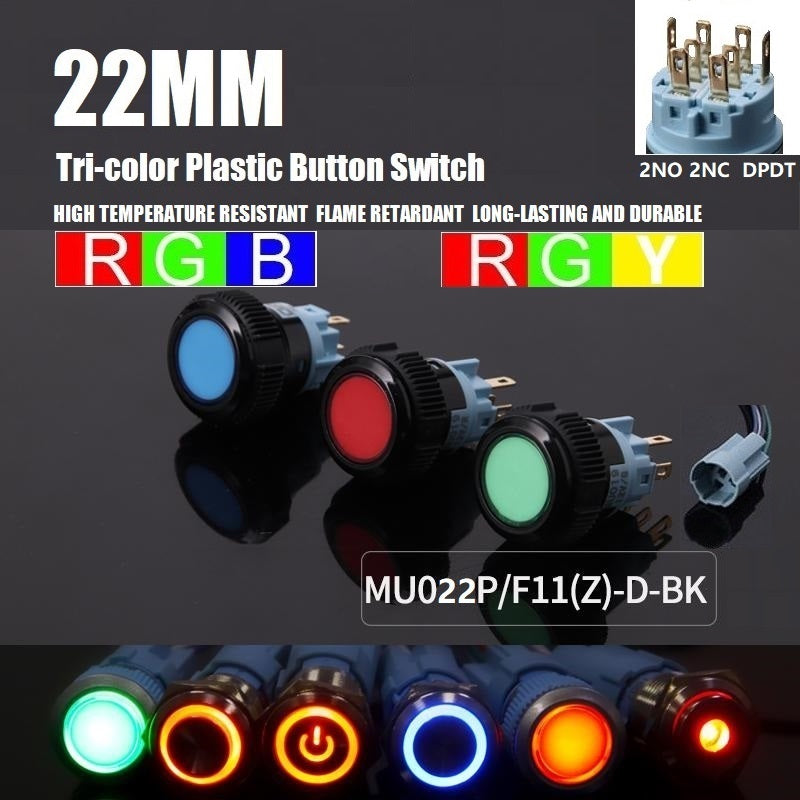 22mm Tri-color Round LED DPDT IP67 5A Black Plastic Anti-vandal Push B ...